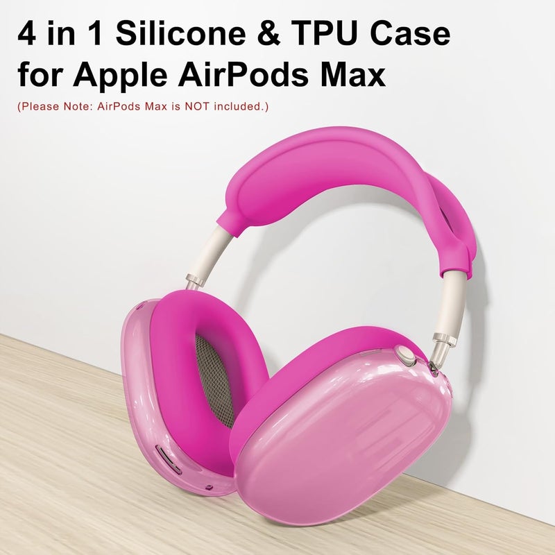MINDRESY [4 in 1] Silicone Case Cover for AirPods Max, Clear Soft TPU Ear Cups Cover/Ear Pad Case Covers/Headband Covers Transparent Accessories for Apple AirPods Max (2024/2020)(USB-C/Lightning), Hot Pink - Image 2